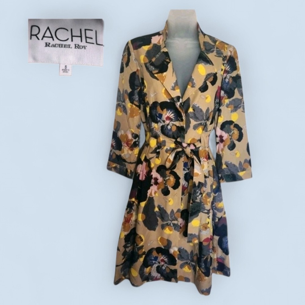 Rachel Roy Classic Chic Khaki Floral A-Line Trench Coat Belted Size 8 Medium